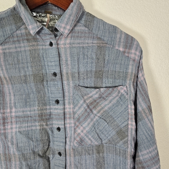 Free People Cutie Metallic Plaid Blue Dolman Cropped Button Down Boho‎ Chic XS - Picture 7 of 10